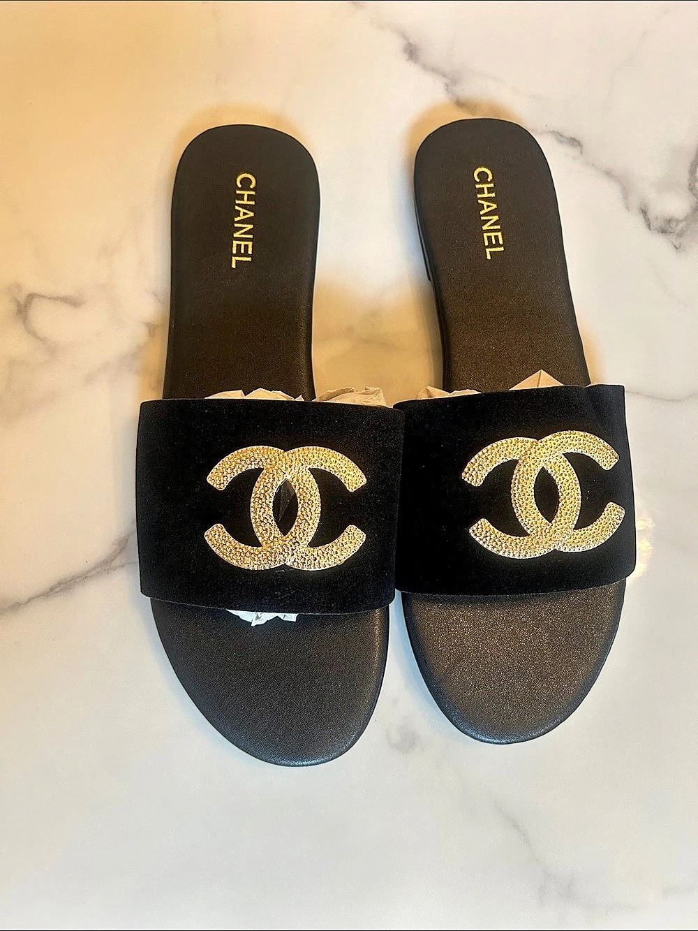 Chanel Interlocking CC Logo Velvet Slides Black & Gold EU 39
